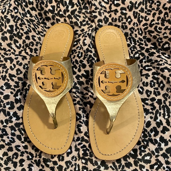 Tory Burch Shoes - Tory Burch  The Louisa golden tan  metallic logo thong sandal shoes  61/2